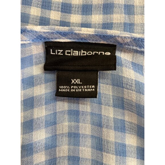 Liz Claiborne Womens Blouse XXL Blue White Gingham  Ruffle Sleeves Cottagecore - Picture 3 of 6